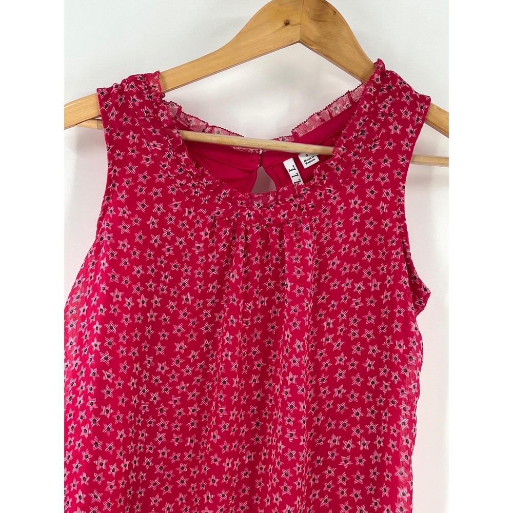 Elle Womens Pink Floral Star Sleeveless Blouse‎ Ruffle Neck Keyhole Back Small